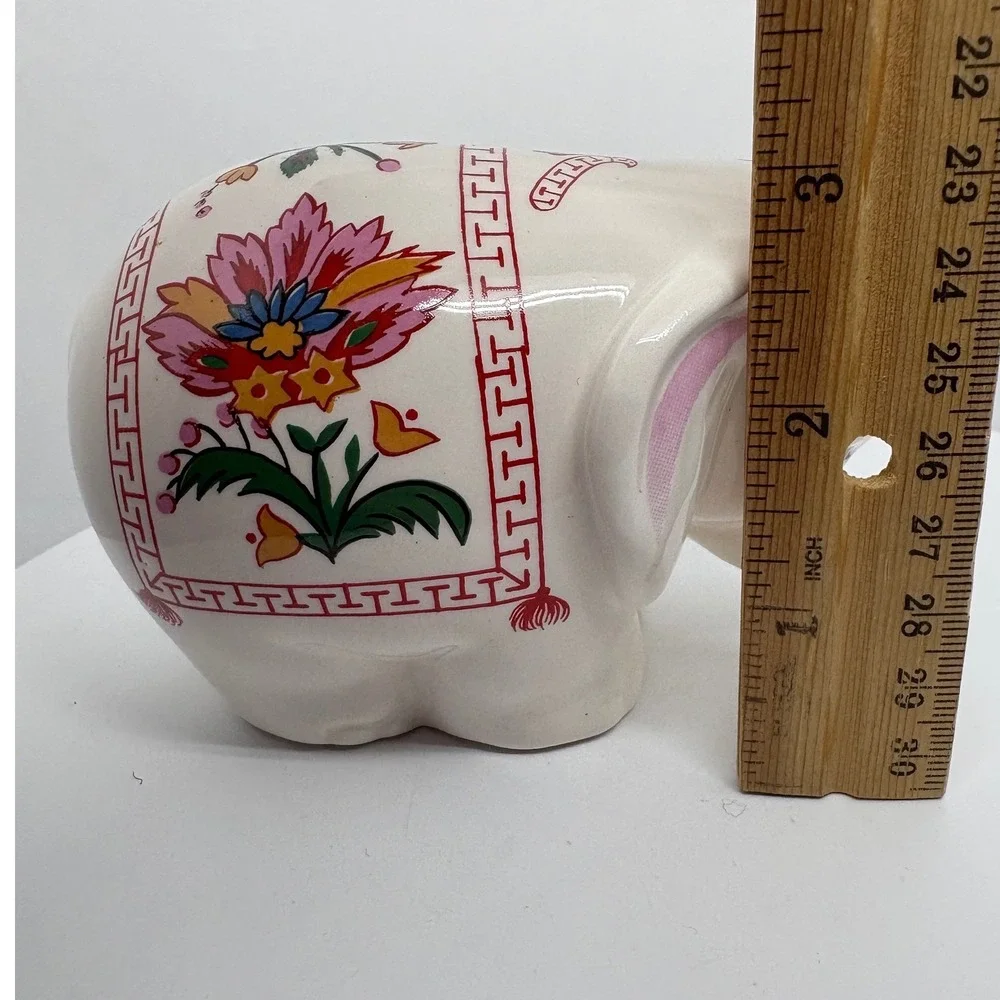 Prestige Place Ceramic Elephant Figurine White Floral Greek Key Border 4 Inch